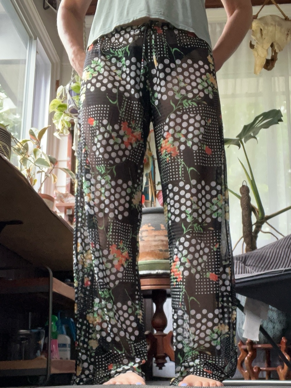 Black Floral & Polka Dot Sheer Resort Pants